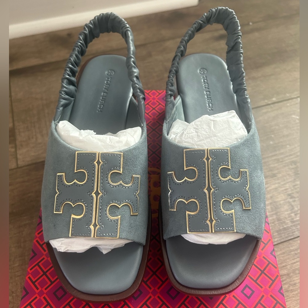 NIB Tory Burch Ines Light Blue Slingback Flatform Sandal Size 8.5